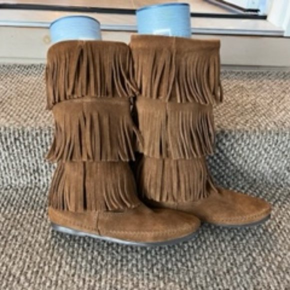 MINNETONKA 3-LAYER SUEDE FRINGE MOCCASIN SZ. 8 - Picture 4 of 6